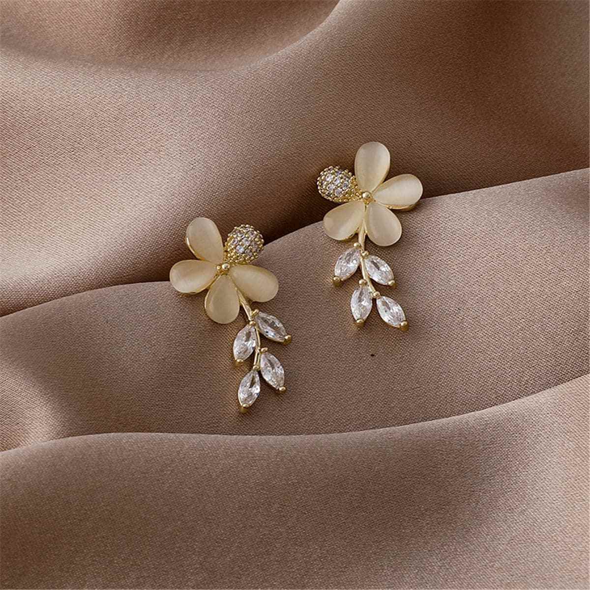 Crystal & Cat's Eye Floral Drop Earrings