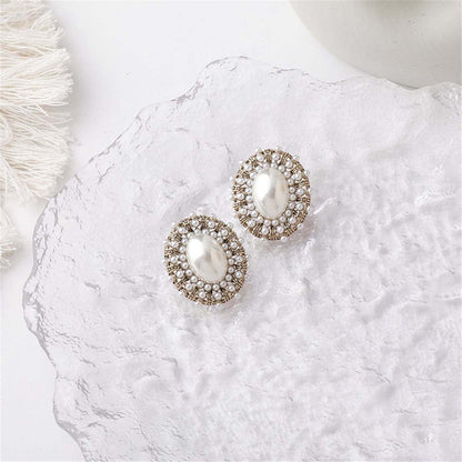 Pearl & Silvertone Oval Stud Earrings