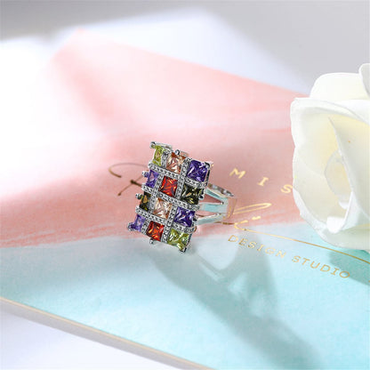 Multicolor Crystal & Cubic Zirconia Silvertone Block Ring-3