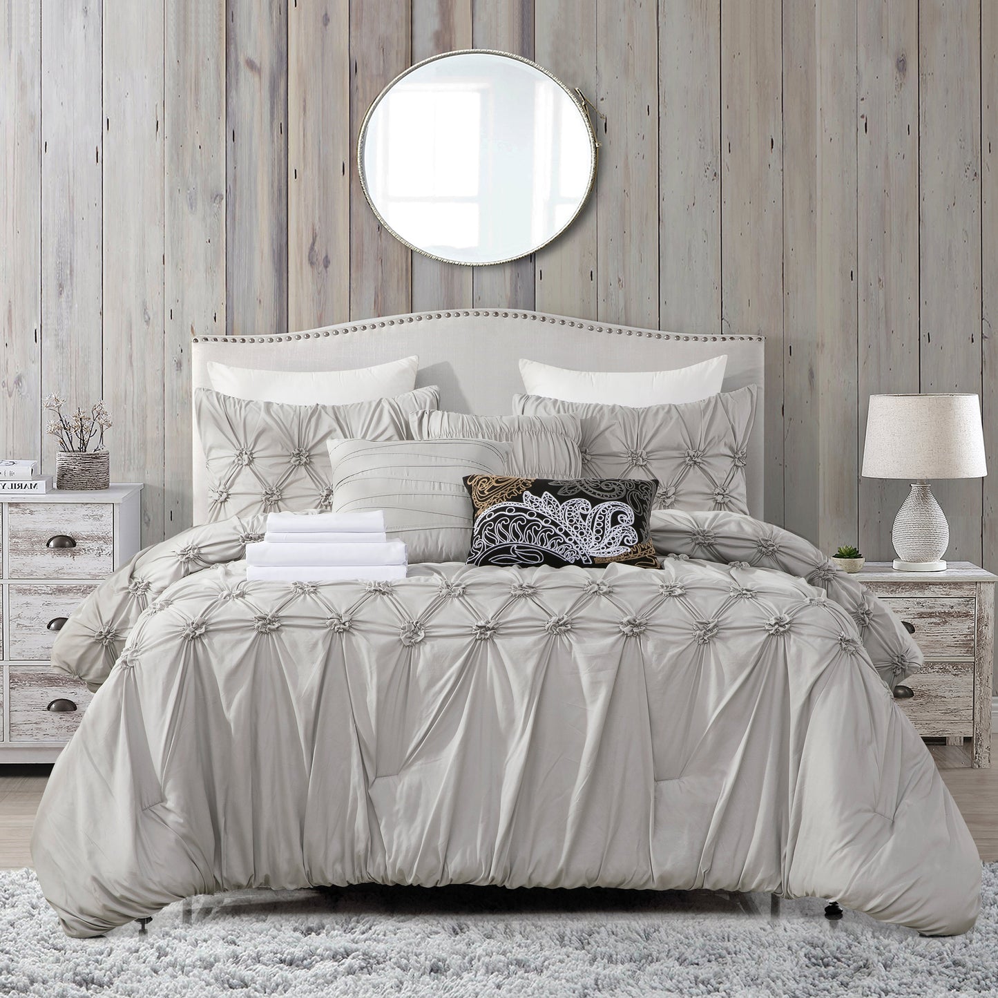Elegant Comfort 12-Piece Ella Pleated Ruched Pintuck Comforter Set, Includes 6-Piece Sheet Set with Double Sided Storage Pockets