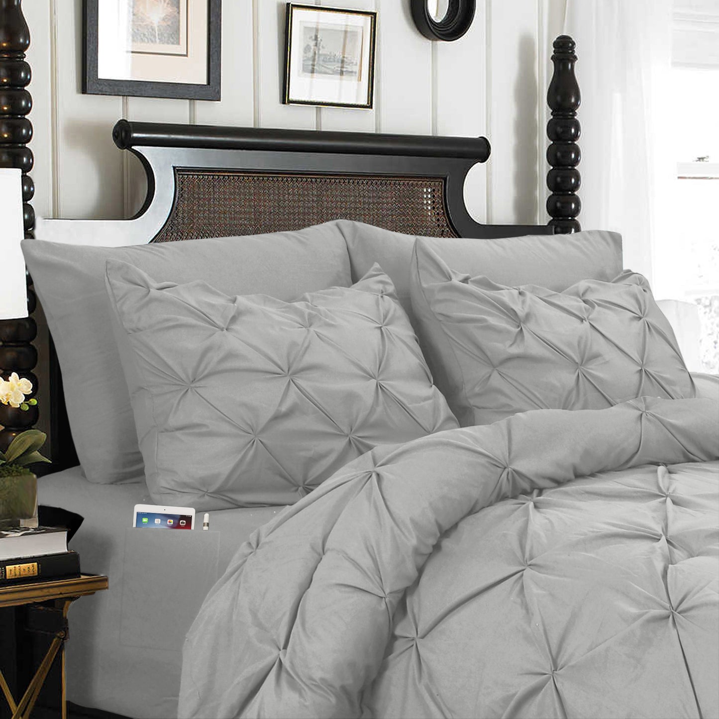 Elegant Comfort 8-Piece Pintuck Pinch Pleated Comforter Set - Includes 4-Piece Sheet Set with Double Sided Storage Pockets