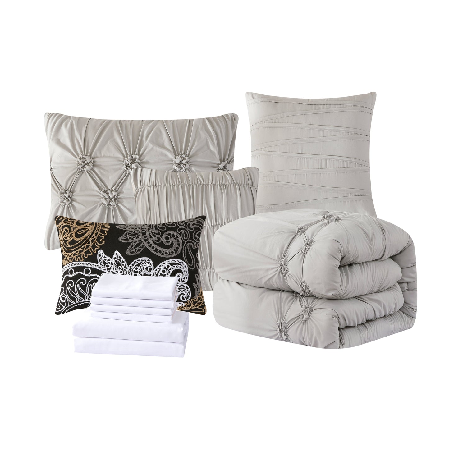 Elegant Comfort 12-Piece Ella Pleated Ruched Pintuck Comforter Set, Includes 6-Piece Sheet Set with Double Sided Storage Pockets