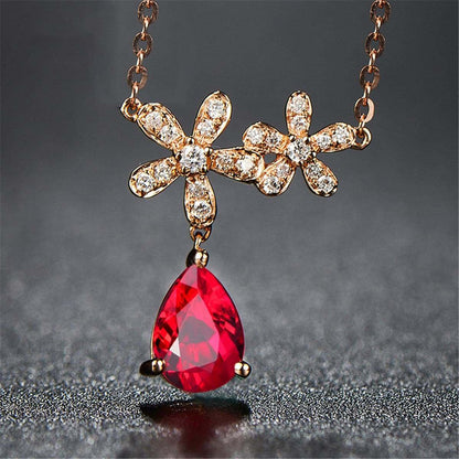 Red Crystal & Cubic Zirconia Rose Goldtone Floral Pendant Necklace