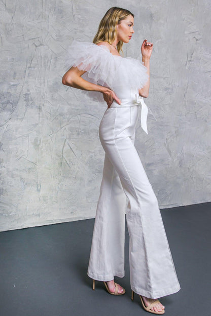 A Power Mood White Denim Jumpsuit