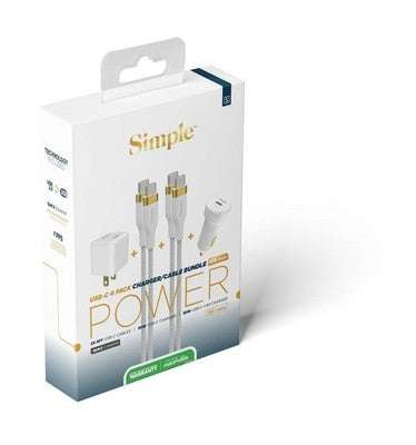 Simple Usb-C 4 Pack Charger/Cable Bundle, Includes 30w Car Charger, 2 6' Usb-C Cables, & 30w Wall Charger