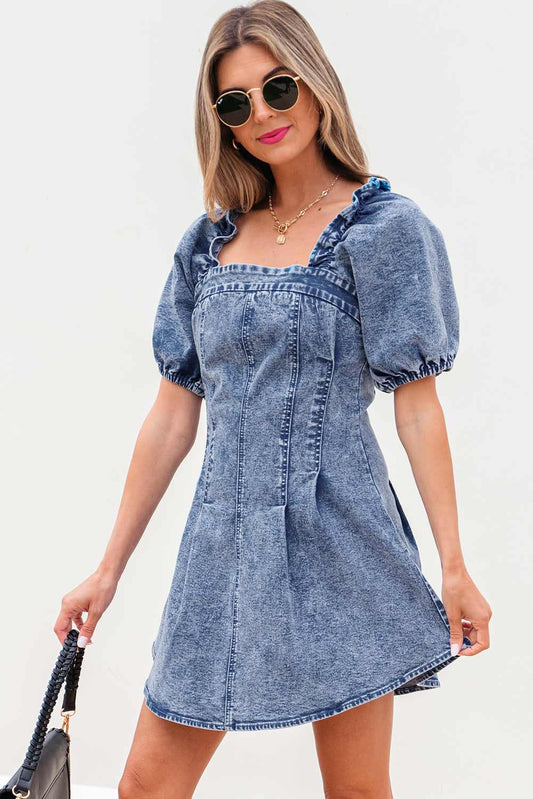 Threaded Pear Celia Square Neck Bustier Puff Sleeve Short Denim Dress