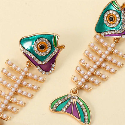 Pearl & Cubic Zirconia Enamel Goldtone Fishbone Drop Earrings