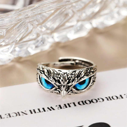 Blue Enamel & Silvertone Engraved Owl Adjustable Ring