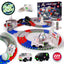 Blue, gray and red tracks, black and gray space toys(cars, tunnel, rocket)