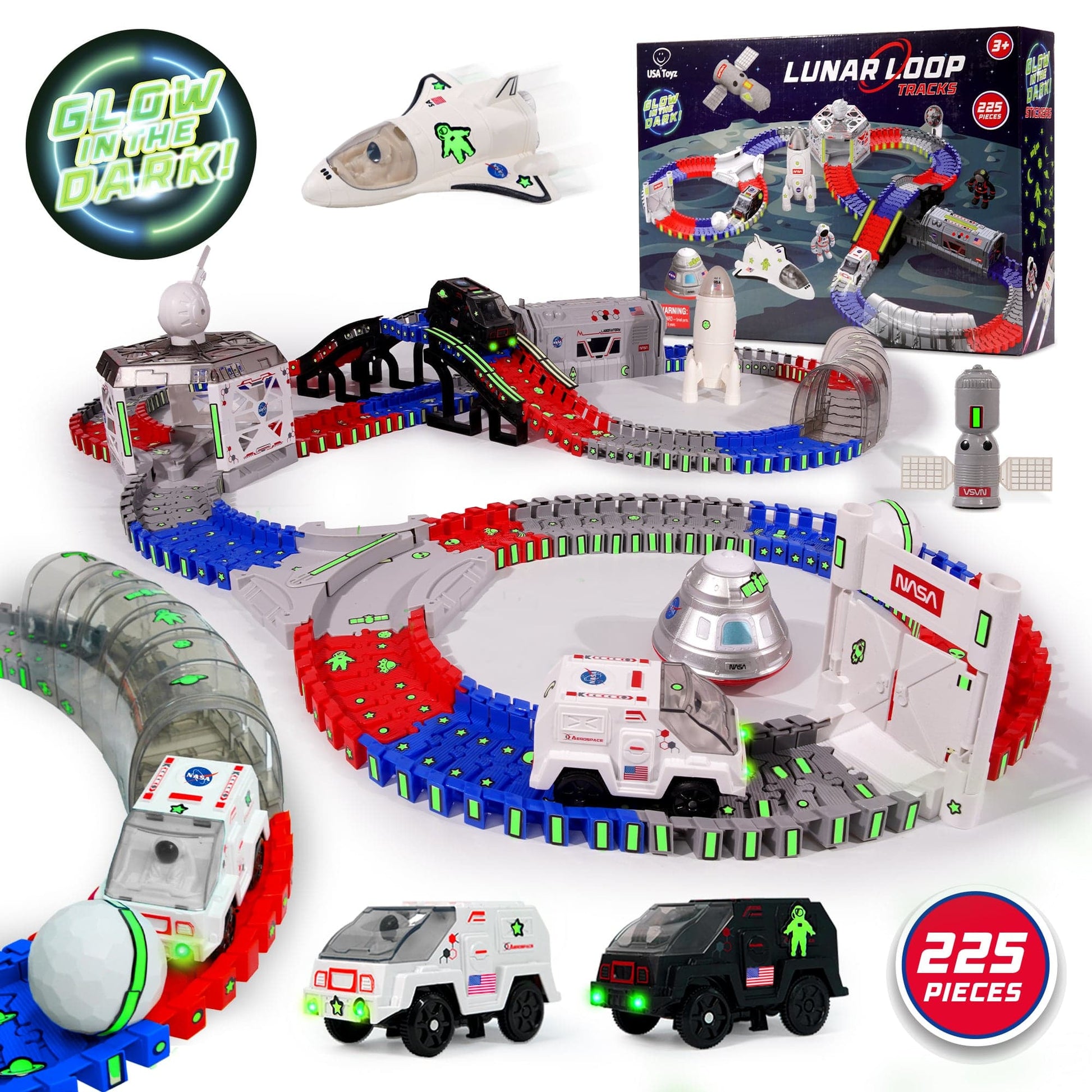 Blue, gray and red tracks, black and gray space toys(cars, tunnel, rocket)-