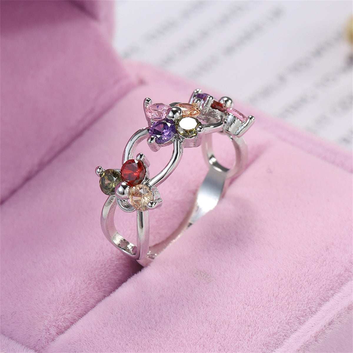 Purple Cubic Zirconia & Silvertone Floral Ring-1