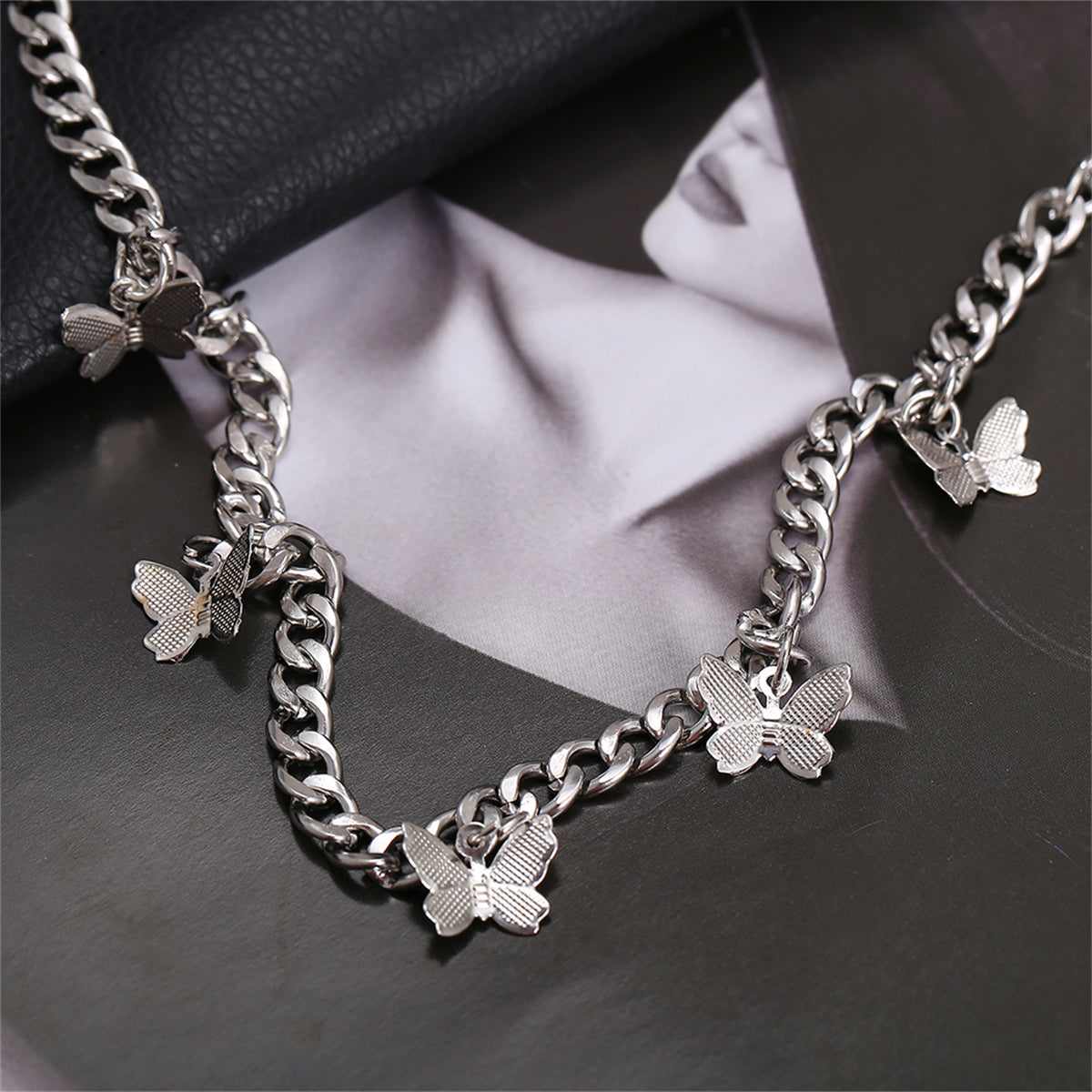 Silvertone Curb Chain Butterfly Station Choker Necklace