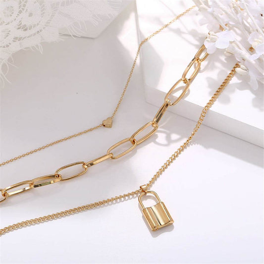 Goldtone Lock & Heart Pendant Layer Necklace