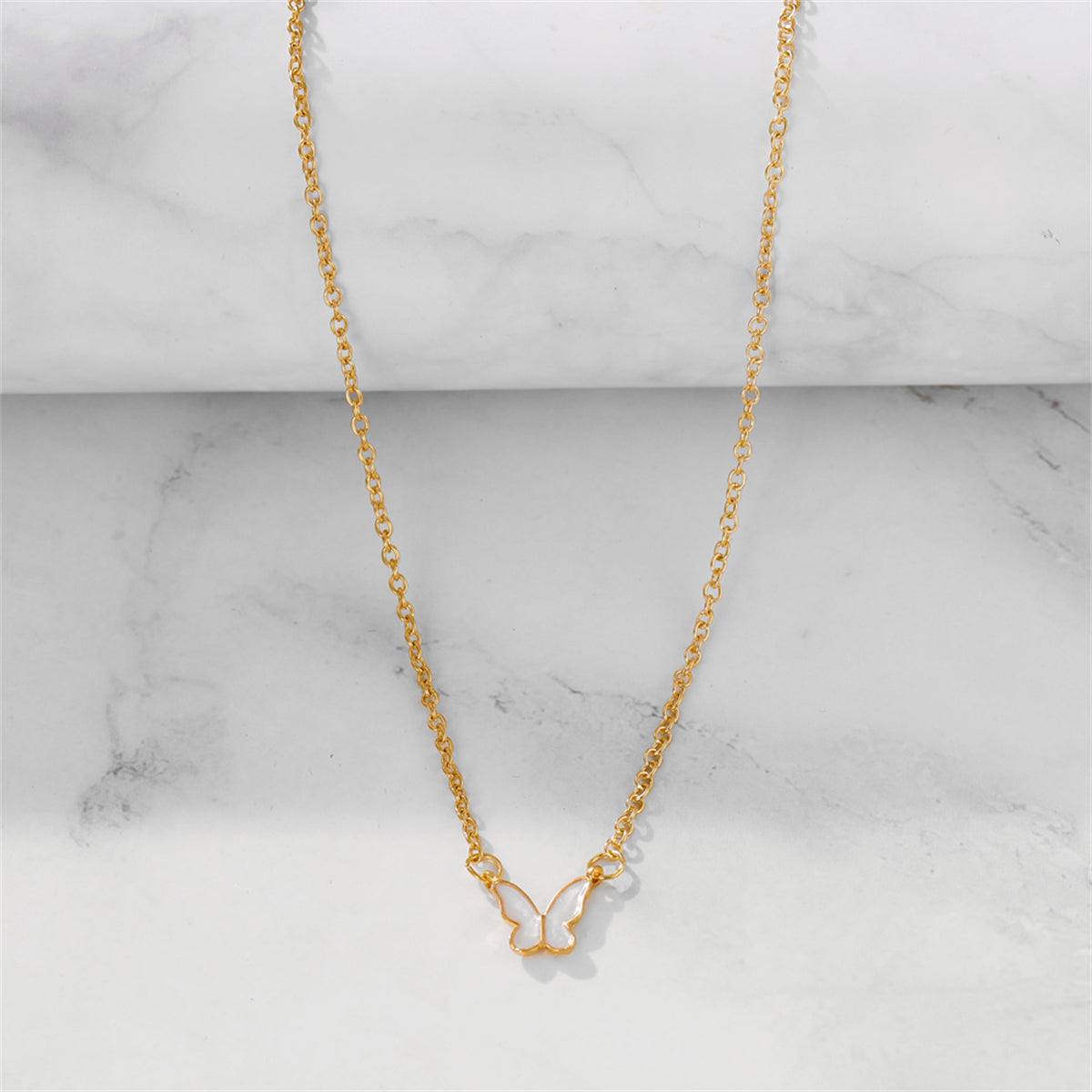 White Shell & Goldtone Butterfly Pendant Necklace