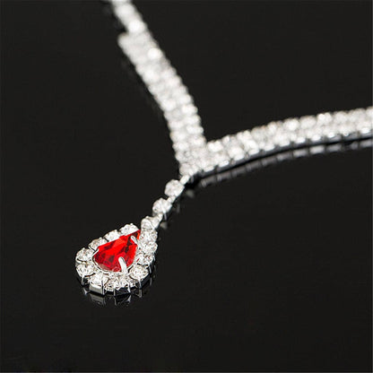 Red & Cubic Zirconia Pear Statement Necklace & Drop Earrings