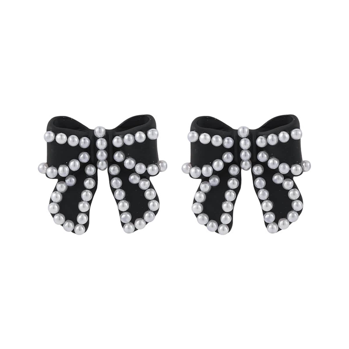 Pearl & Black Enamel Silvertone Bow Stud Earrings