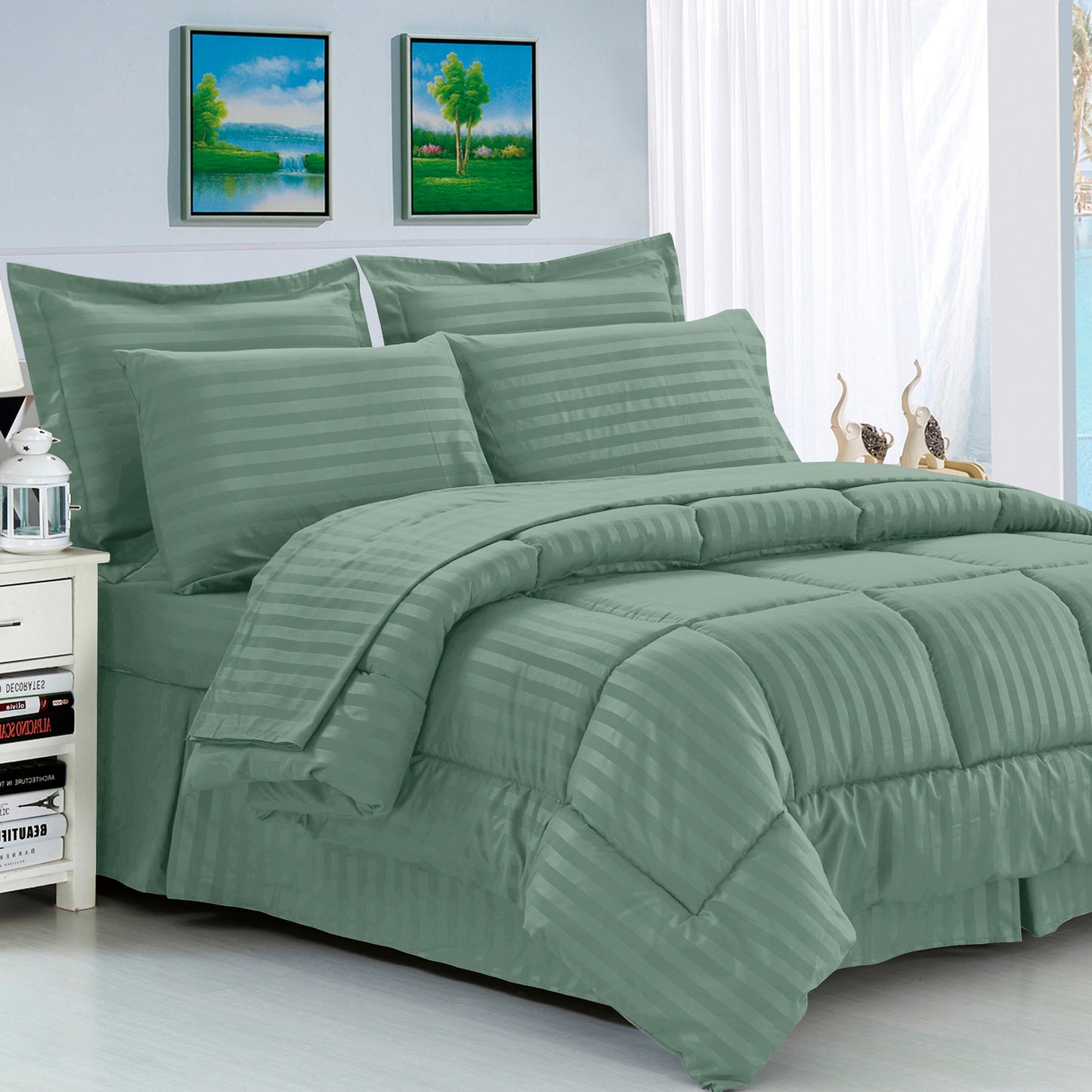Elegant Comfort 8-Piece Dobby Stripe Comforter Set - Includes 4-Piece Sheet Set with Double Sided Storage Pockets