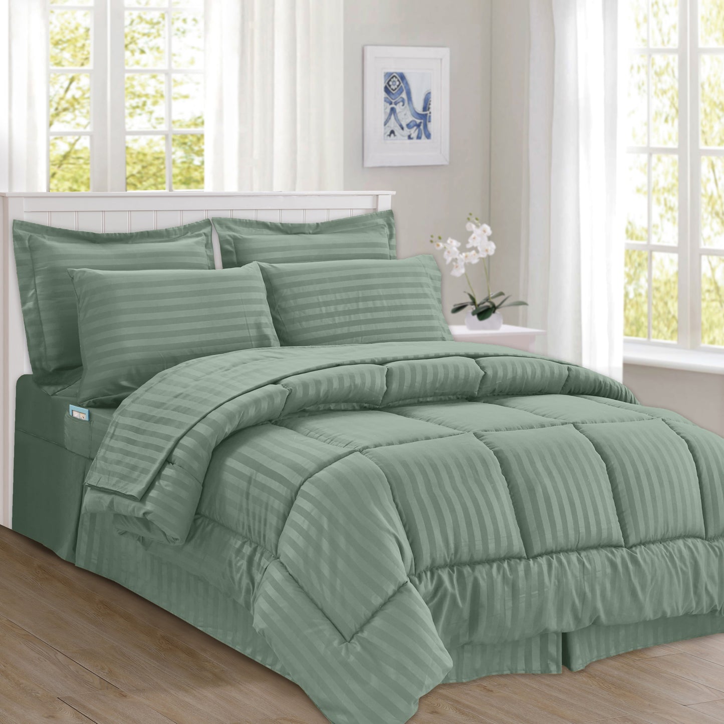 Elegant Comfort 8-Piece Dobby Stripe Comforter Set - Includes 4-Piece Sheet Set with Double Sided Storage Pockets