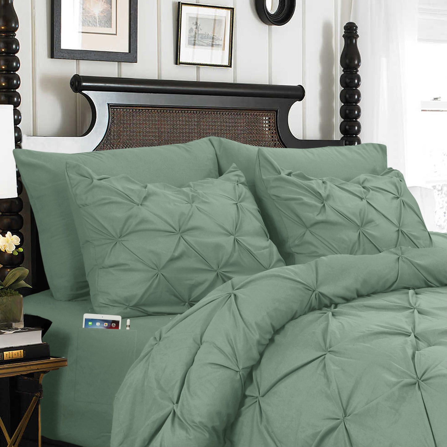 Elegant Comfort 8-Piece Pintuck Pinch Pleated Comforter Set - Includes 4-Piece Sheet Set with Double Sided Storage Pockets