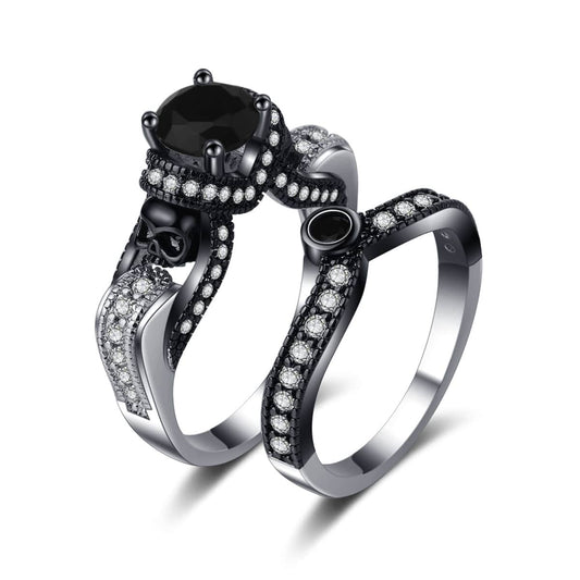 Black Crystal & Cubic Zirconia Two-Tone Skull Ring Set-1