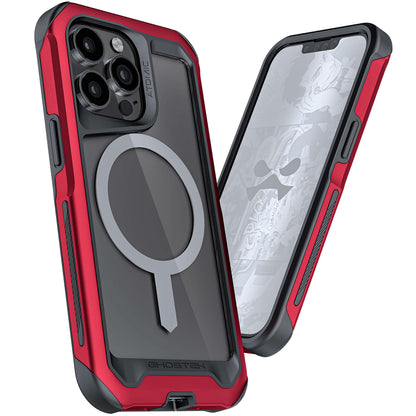 Ghostek Atomic Slim Iphone 13 Case - Clear Back with Heavy-Duty Aluminum Metal Bumper Shockproof Iphone 13 Magsafe Case - Non-Slip Grip Wireless Charging Compatible Case for Iphone 13 2021 (6.1")(Red)