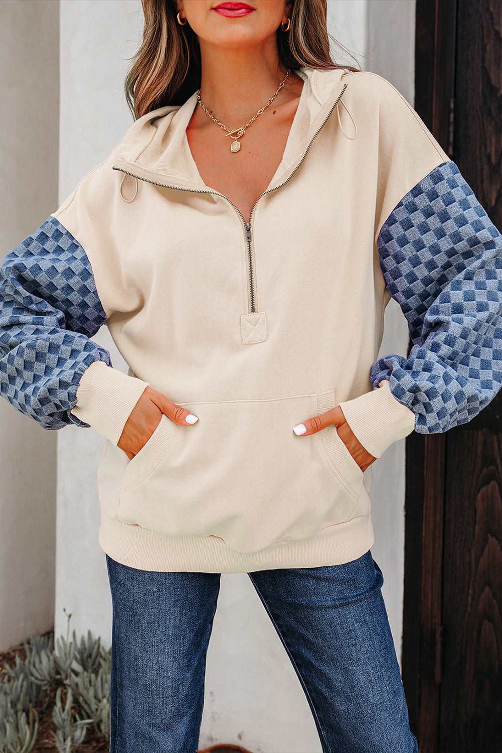 Adalynn Kangaroo Half Zipper Hoodie - Parchment / L - 12/14