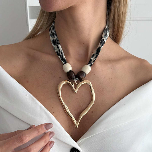 Polyster & White Wood Goldtone Open Heart Pendant Necklace