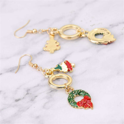 Green Enamel & Goldtone Christmas Tree Wreath Drop Earrings