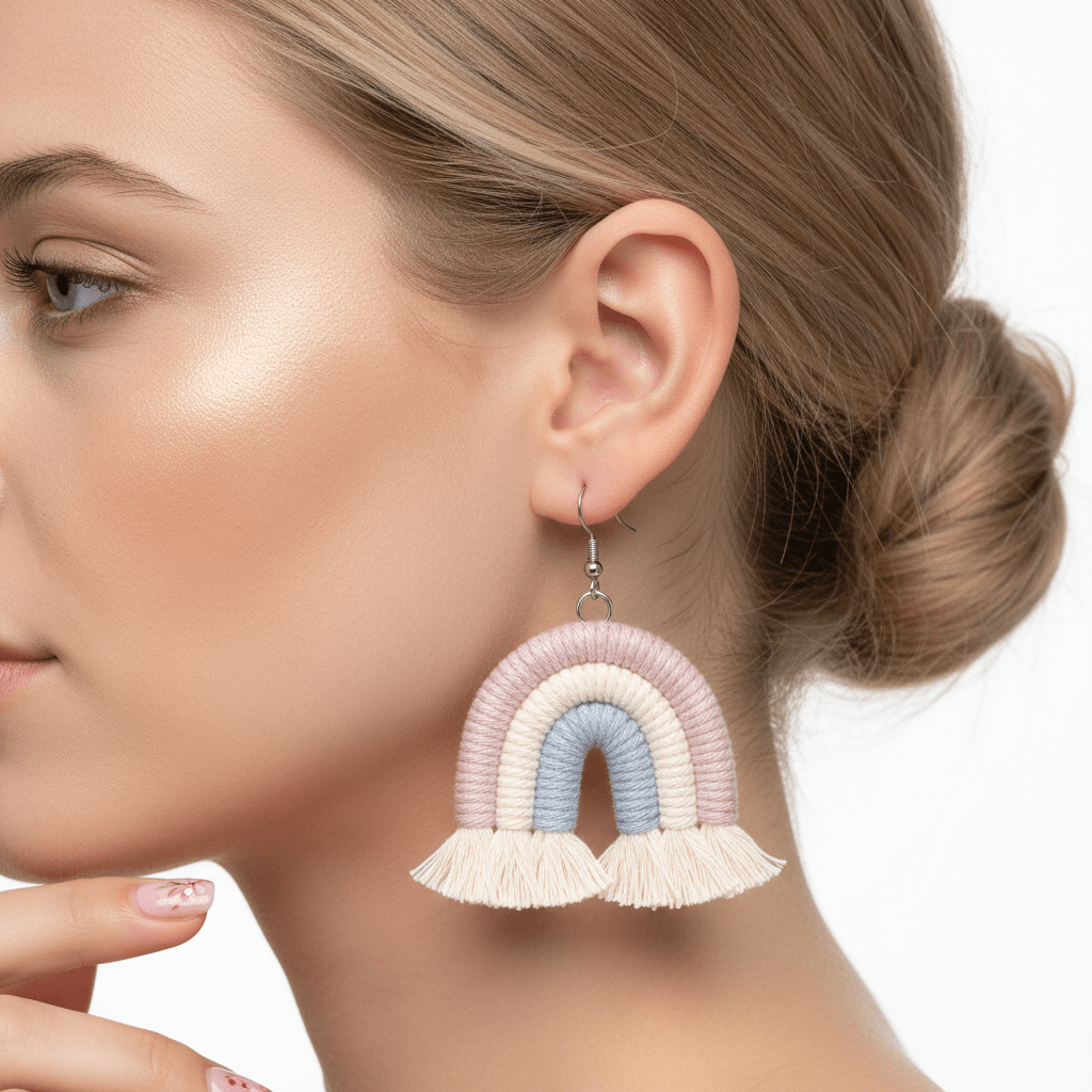 Light Purple Multi-Colored Yarn & Silvertone Rainbow Tassel Hook Earrings