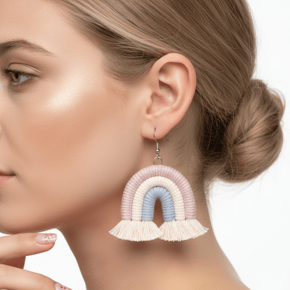 Light Purple Multi-Colored Yarn & Silvertone Rainbow Tassel Hook Earrings