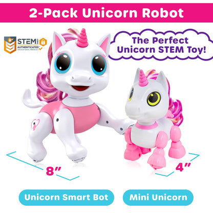 Pink/White robot unicorn, white remote, and , pink and black food-