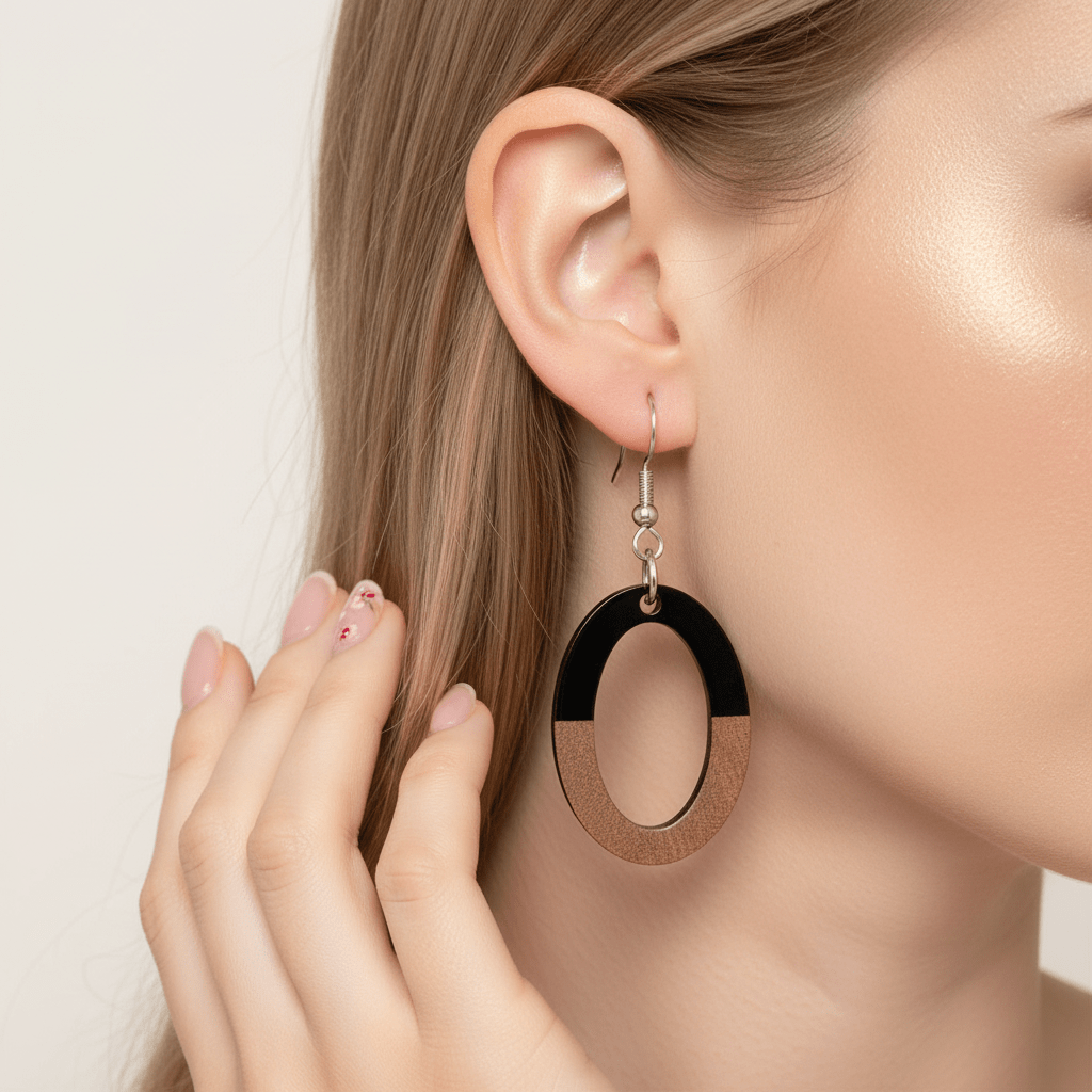 Black Resin & Wood Silvertone Open Oval Hook Earrings