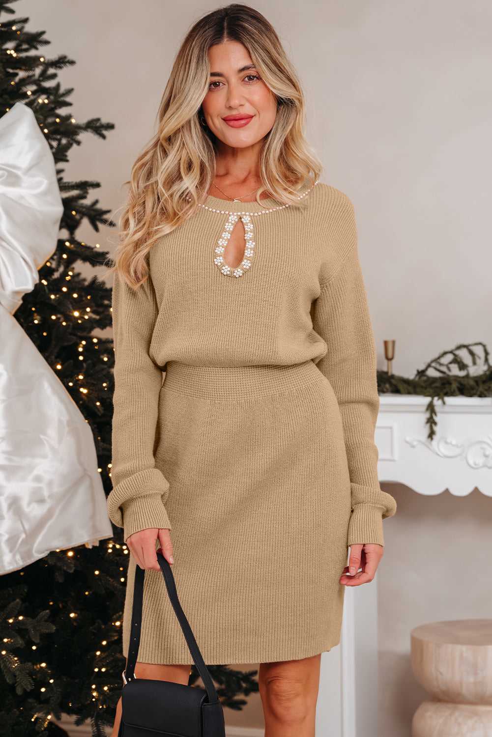 Zariah Embellished Keyhole Ribbed Sweater - Smoke Gray / L - 12/14
