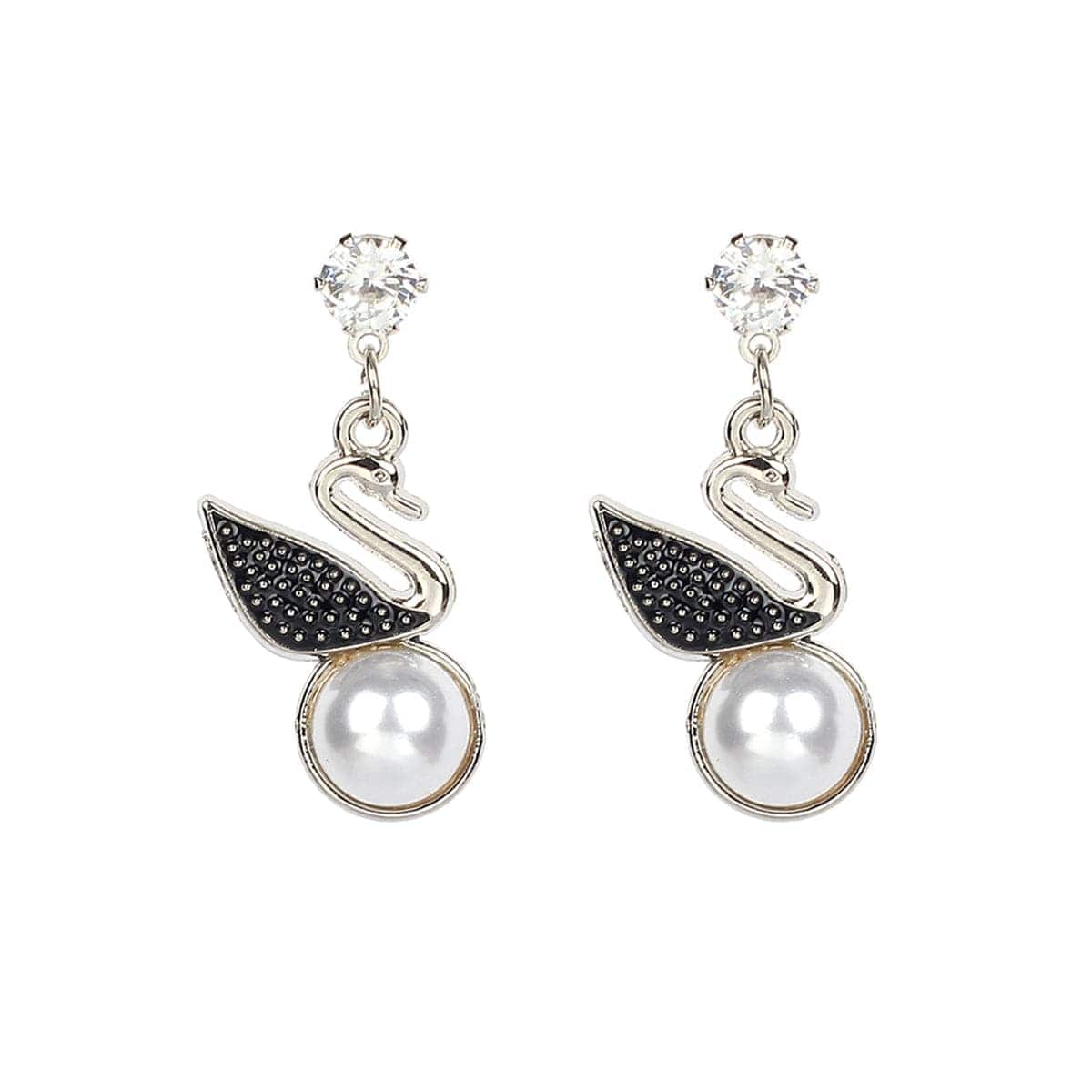 Cubic Zirconia & Pearl Silvertone Swan Drop Earring