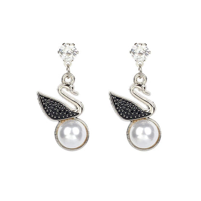 Cubic Zirconia & Pearl Silvertone Swan Drop Earring