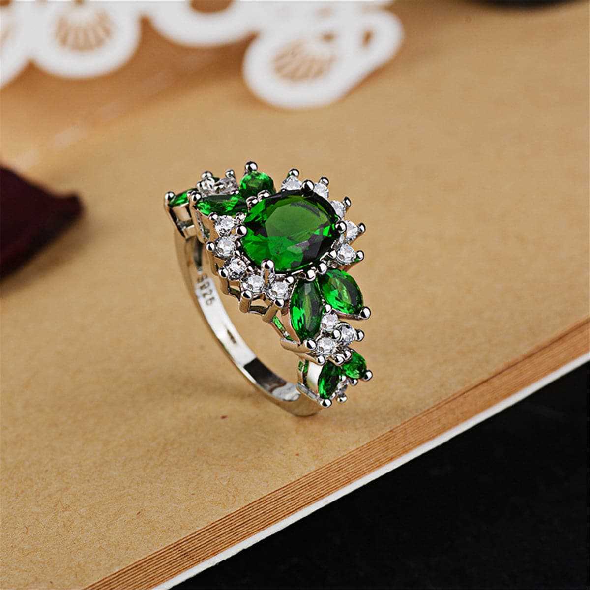 Green Cubic Zirconia & Crystal Floral Ring