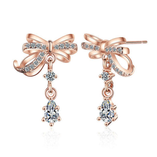 Cubic Zirconia & Crystal Rose Goldtone Bow Drop Earring