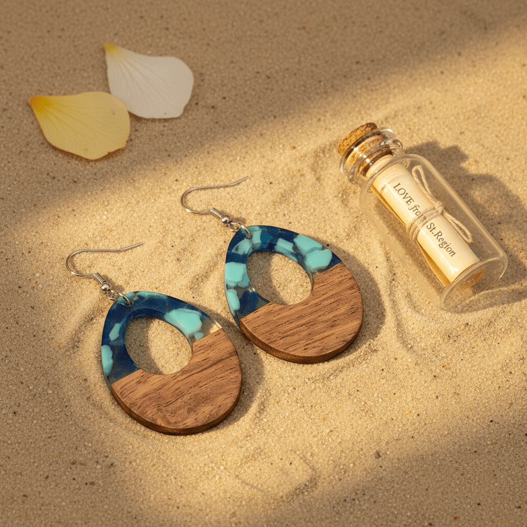 Navy Resin & Wood Silvertone Leopard Print Teardrop Hook Earrings