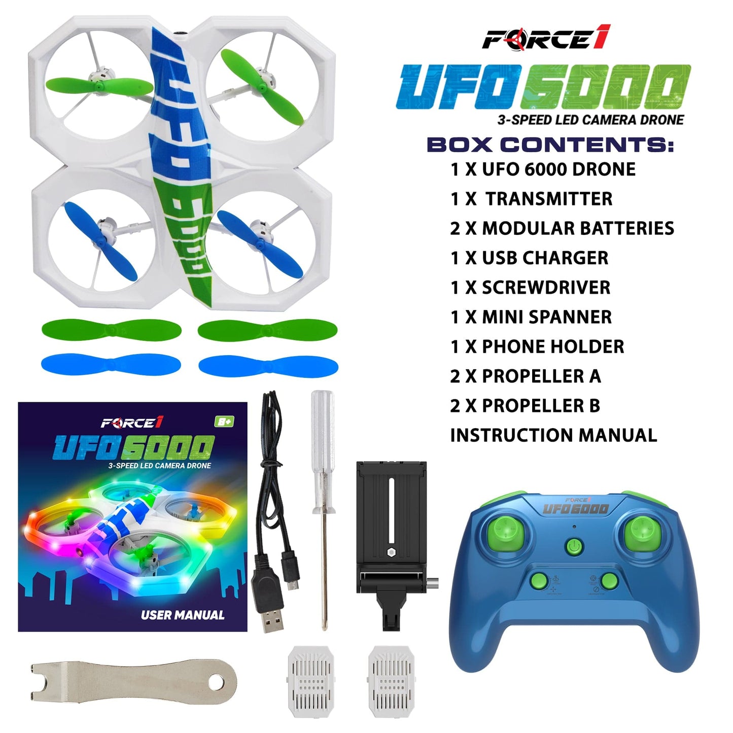White drone, blue remote control, green and blue propellers-