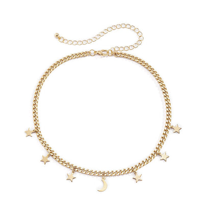 Goldtone Star Moon Station Choker Necklace