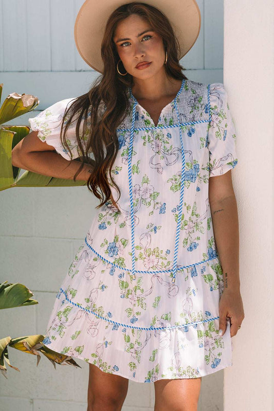 Threaded Pear Celina Floral Striped Trim Tie Split Neck Mini Dress