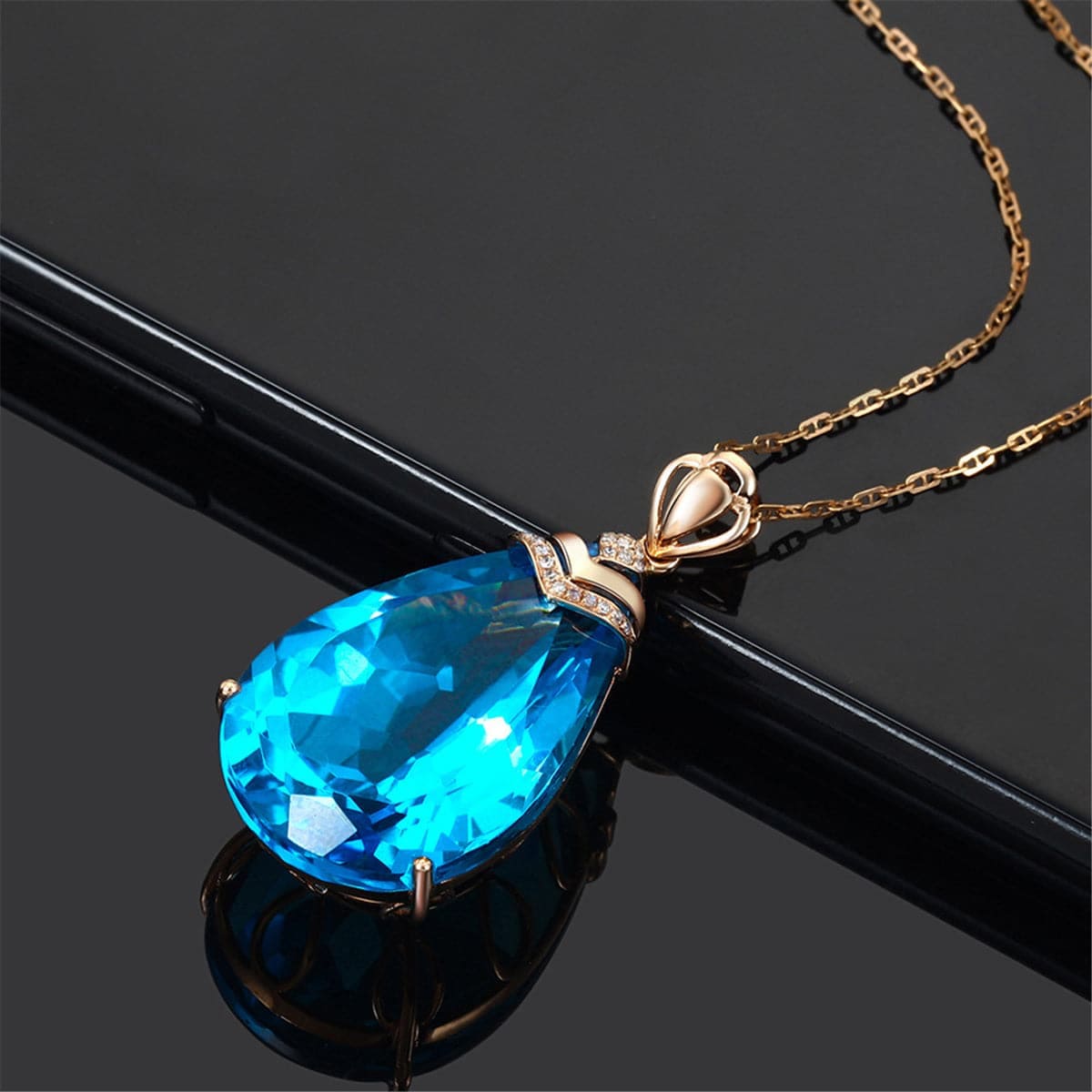Blue Crystal & Cubic Zirconia Teardrop Pendant Necklace