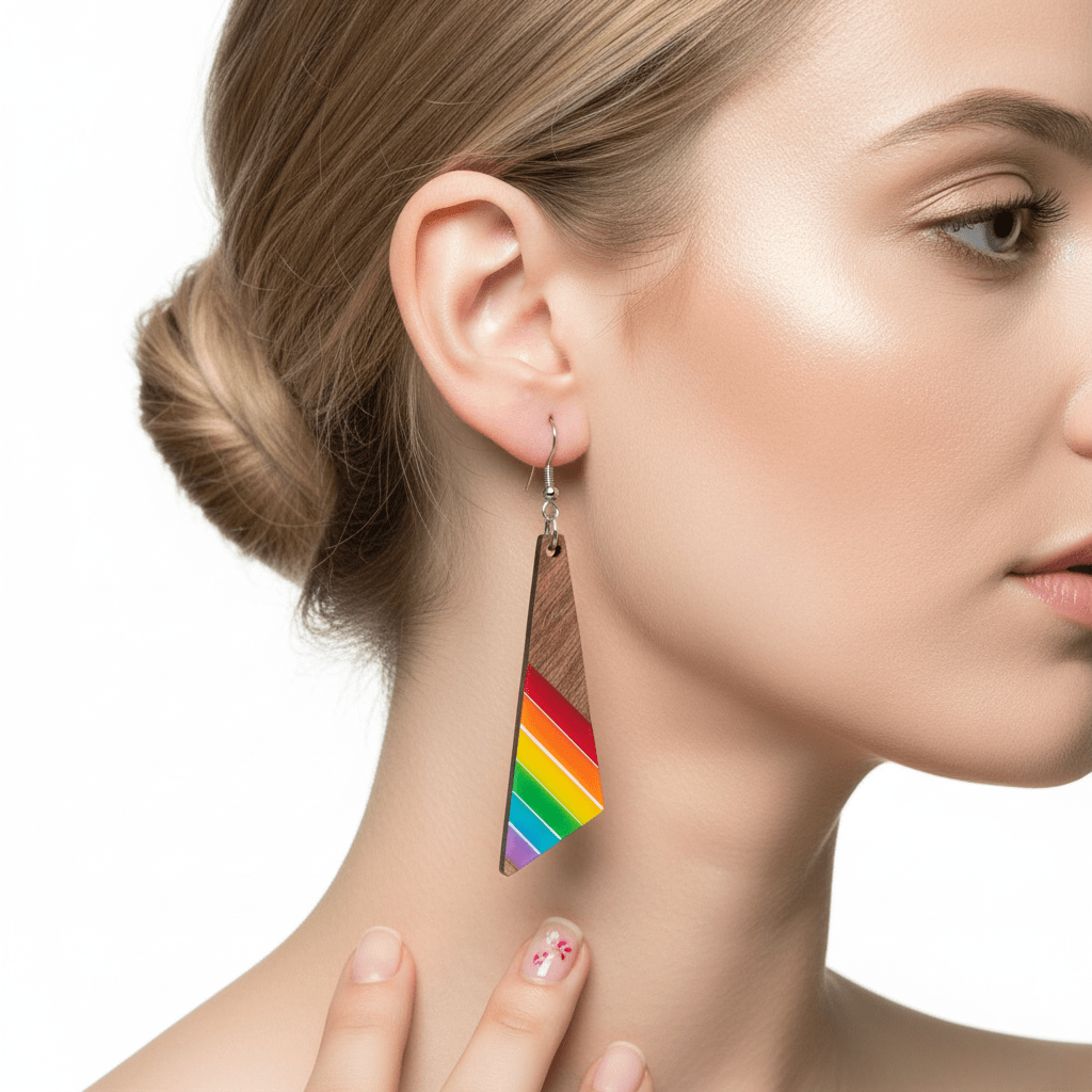 Rainbow Resin & Wood Silvertone Stripped Triangle Hook Earrings