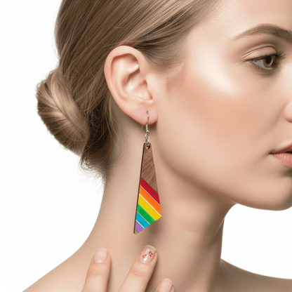 Rainbow Resin & Wood Silvertone Stripped Triangle Hook Earrings