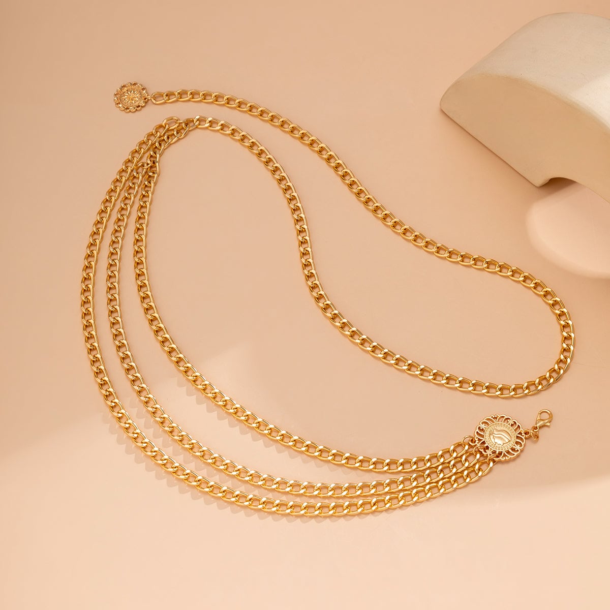 Goldtone Tassel-Accent Layered Curb Chain Waist Belt