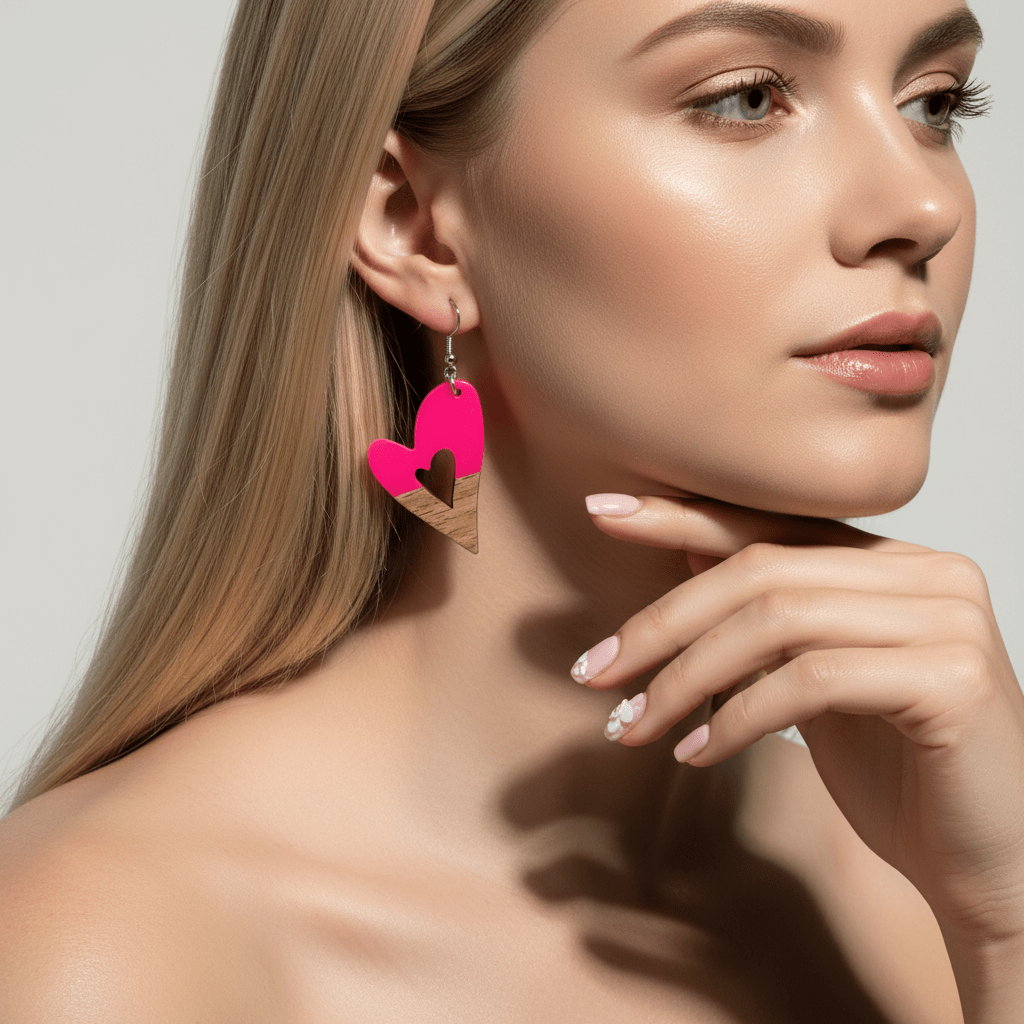 Rose Resin & Wood Silvertone Heart Hook Earrings