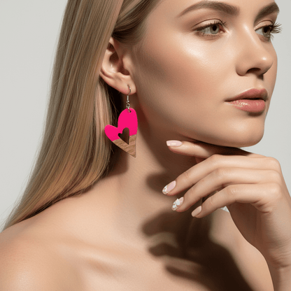 Rose Resin & Wood Silvertone Heart Hook Earrings