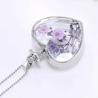 Purple Pressed Peach Blossom & Silvertone Heart Pendant Necklace-2