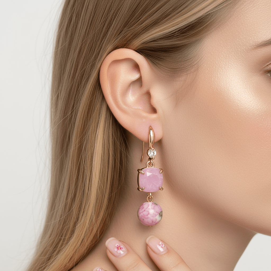 Pink Resin & Cubic Zirconia Goldtone Cushion Ball Hook Earrings