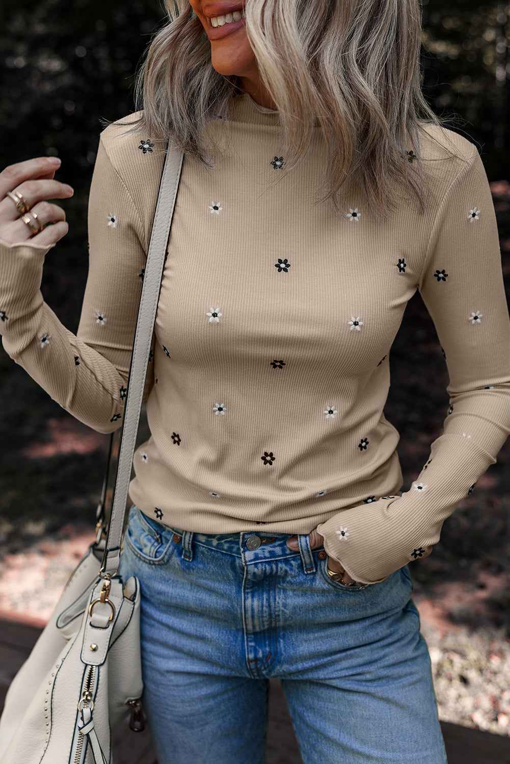 Genesis Embroidered Detail Ribbed Long Sleeve Top - Jet Stream / L - 12/14